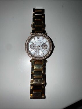 Michael Kors Gold and Mother-of-Pearl Crystal-Trim Bracelet Watch